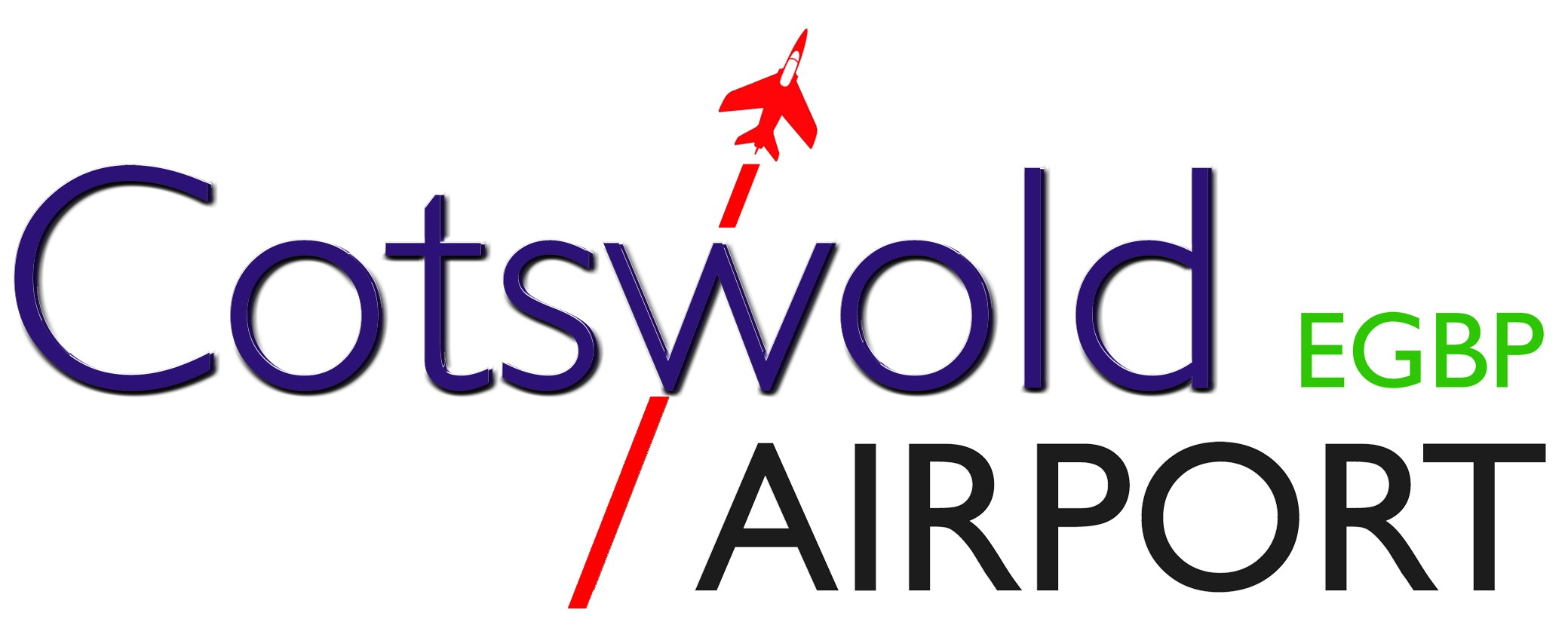 Logo of Cotswold Airport with an ascending red airplane above the text "EGBP.