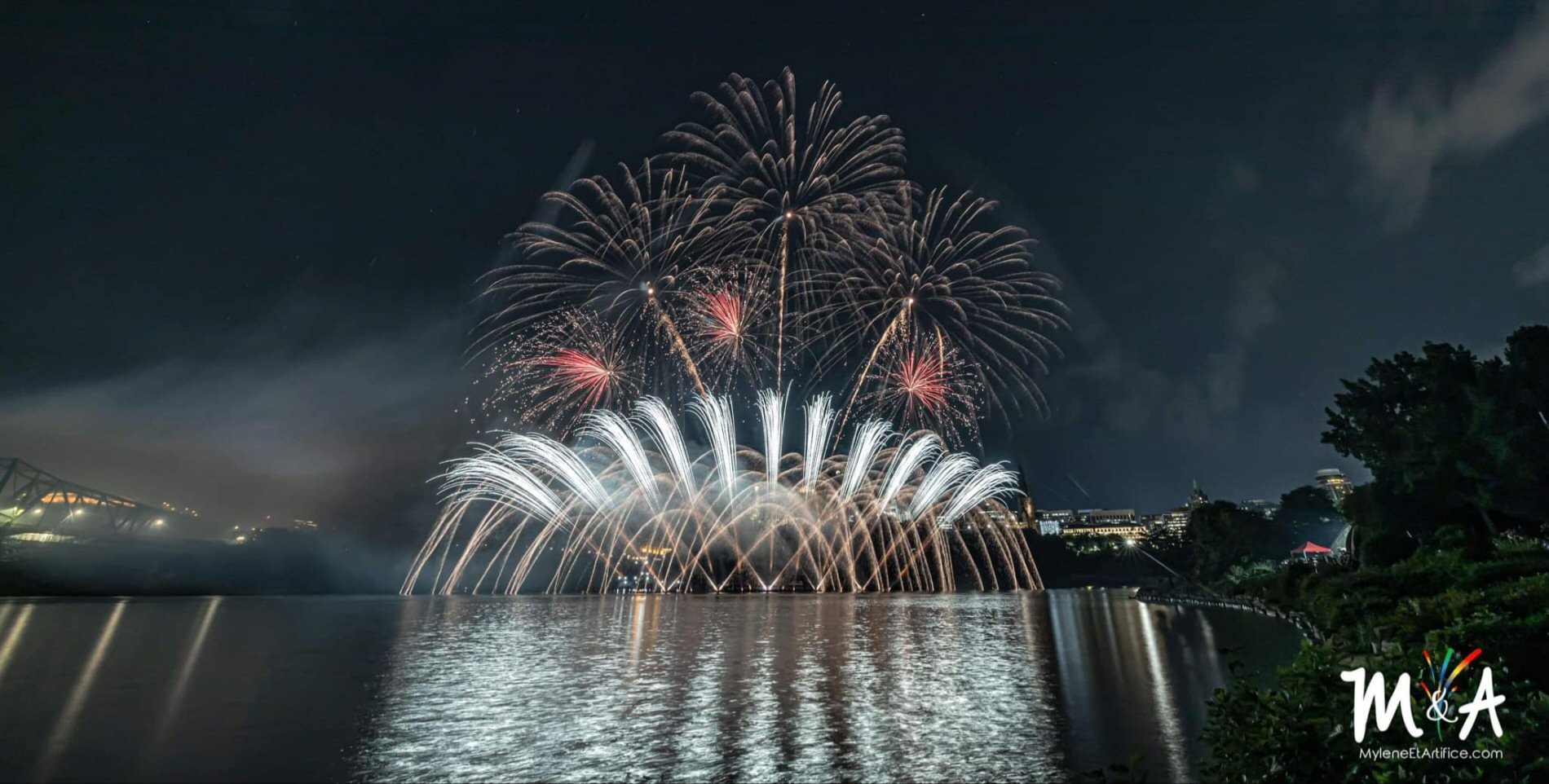 Colorful fireworks light up the night sky over a calm river with a cityscape in the background.